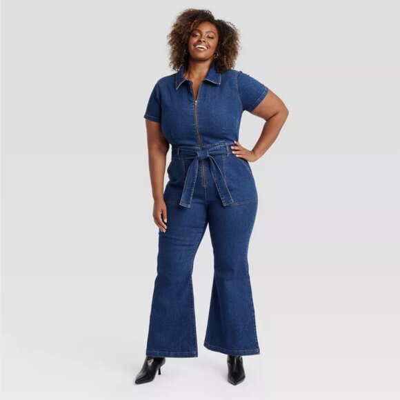 Women's Short Sleeve Denim Jumpsuit - Ava & Viv Dark Wash 20 - Picture 3 of 3